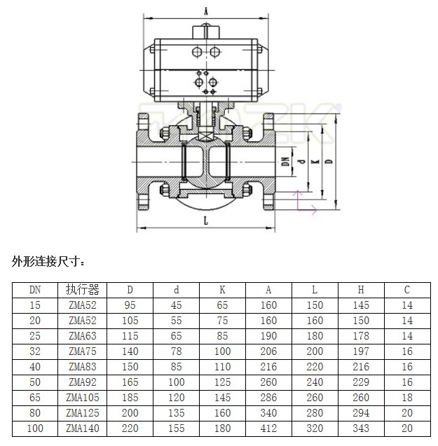 四通氣動(dòng)球閥的尺寸圖
