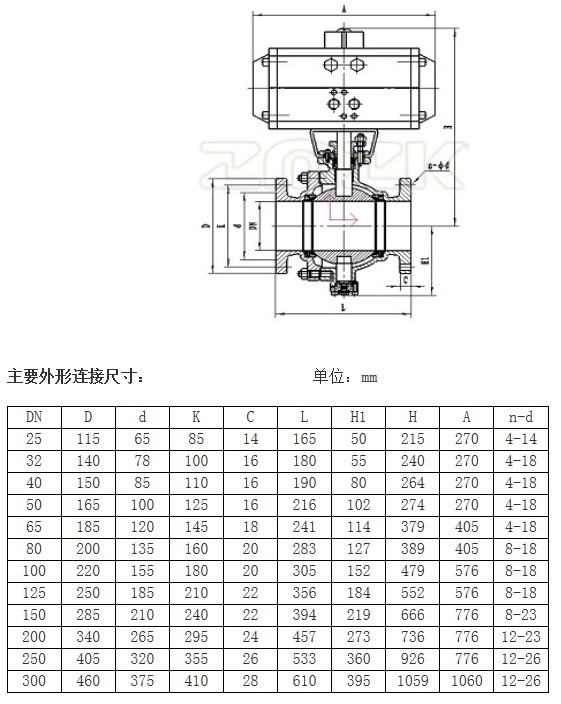 固定式氣動球閥的外形尺寸圖